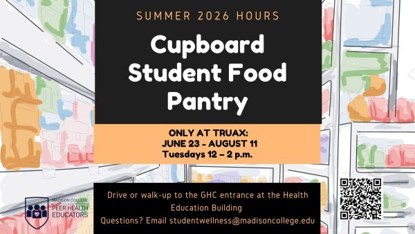 Cupboard student food pantry flyer highlighting summer hours at the Truax Campus on Tuesdays from noon to 2 p.m. from June 23 through August 11