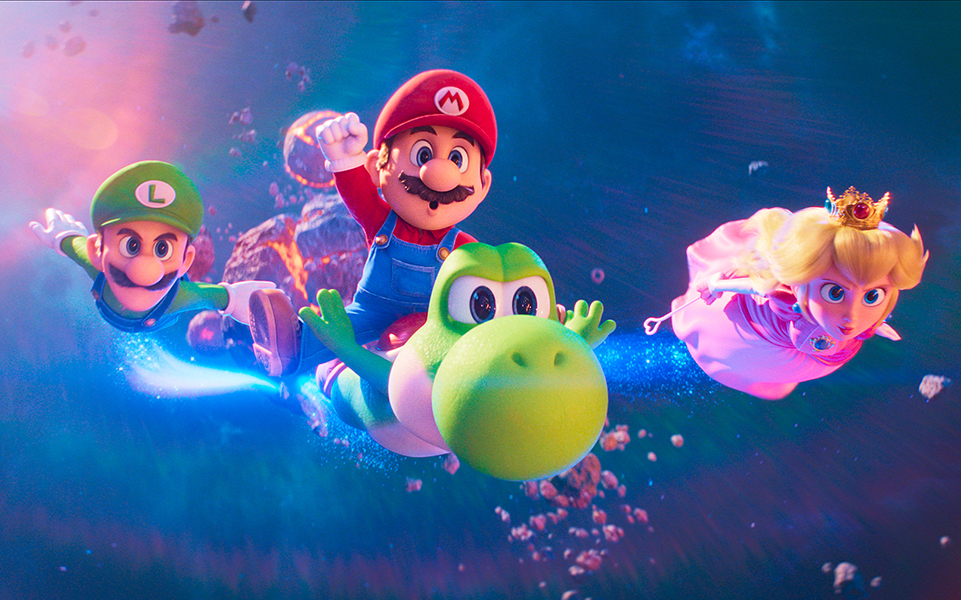 Characters Luigi, Mario, Yoshi and Princess Peach soar through the sky in a image from "The Super Mario Galaxy Movie."